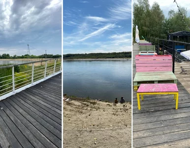 Miniatura: Malowniczy zalew z plażą i kładkami. To...